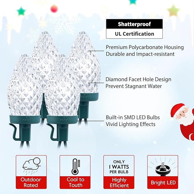 Brightown C9 Christmas String Lights White 66ft 100 LED Faceted Christmas Lights on Green Wire Plug-in Large Bulb Strawberry String Lights for House Roof Roofline Christmas Tree Party Outdoor