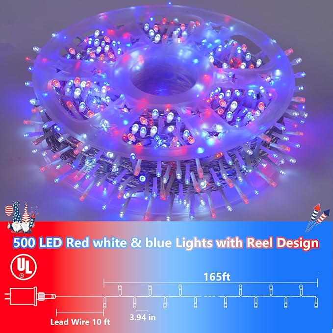 YEGUO 165ft 500 LED Red White and Blue Lights 4th of July Decorations String Lights Plug in Indoor Outdoor 8 Modes Clear Wire Patriotic Light for Independence Day Holiday Memorial Day Party Decor