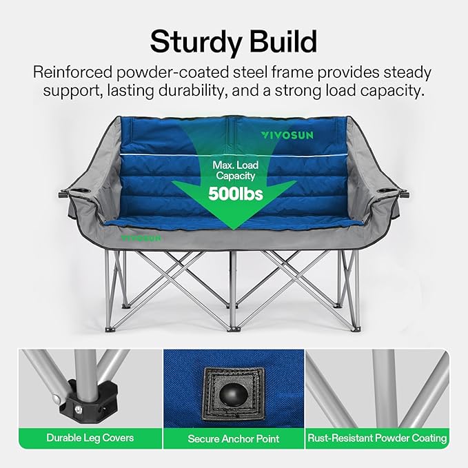 VIVOSUN Double Camping Chair Fully Padded Folding Loveseat Oversized Duo Chair with Cup &amp Wine Glass Holders Pocket Armrests &amp Carry Bag