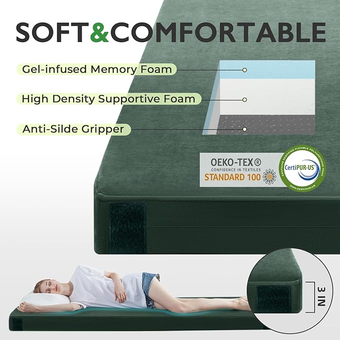 Kingfun 3 Inch CertiPUR-US Memory Foam Camping Mattress Waterproof Roll up Sleeping Pad Thick Floor Sleeping Mats for Tent with Removable Travel Bag