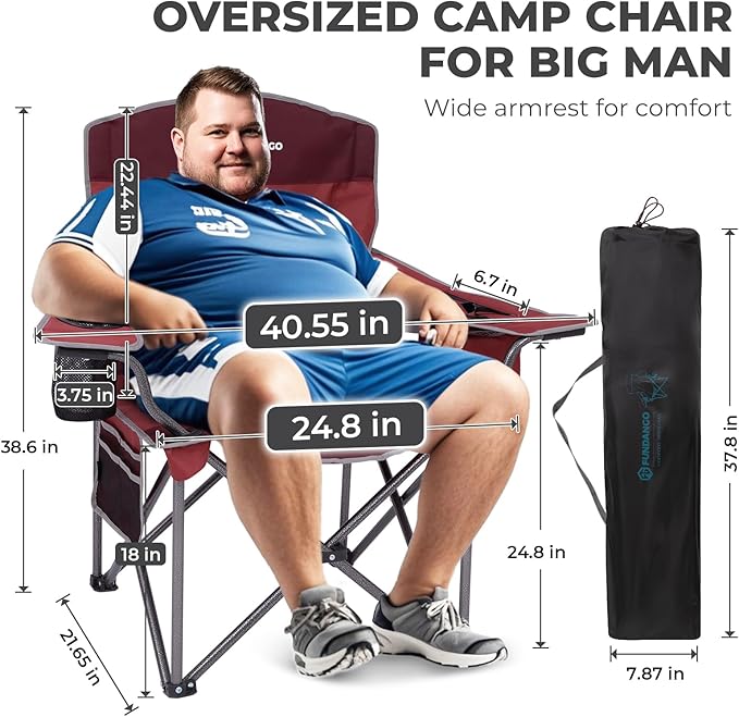 FUNDANGO Oversized Camping Chairs for Adults Heavy Duty Fold Up Sports Games Lawn Chairs Extra Wide Big Man Outdoor Chairs with Padded Lumbar Support Backrest Bag Included for Camp Beach 2 Pack