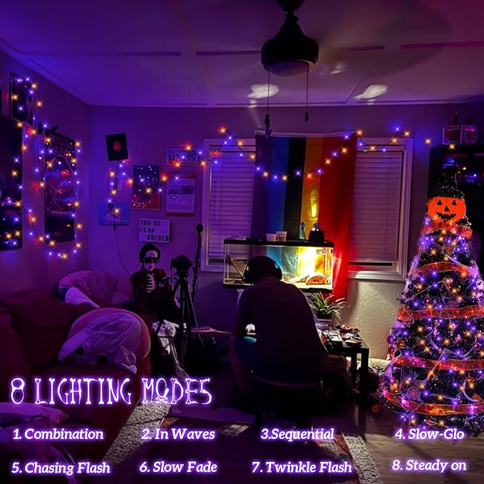 QITONG 165ft 500 LED Orange and Purple Halloween Lights Outdoor Waterproof String Lights for Outside with 8 Modes Green Wire Twinkle Lights Plug in Indoor
