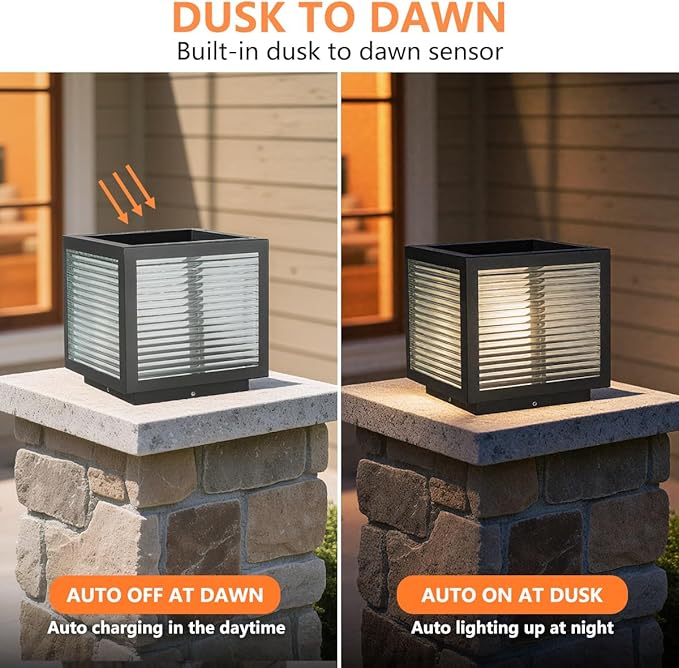 Solar Post Cap Light Outdoor Exterior Post Lantern Lamps Stainless Steel IP65 Waterproof Pillar Light 9.8 Dimmable LED Modern Landscape Column Lamp for Patio Posts Flat Surface Garden Deck