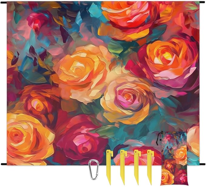 Waterproof Sandproof Beach Blanket 59''×68'' Oil Paintings Polyester Outdoor Picnic Blanket with 4 Stakes &amp Storage Bag for BeachCampingVacation Rose
