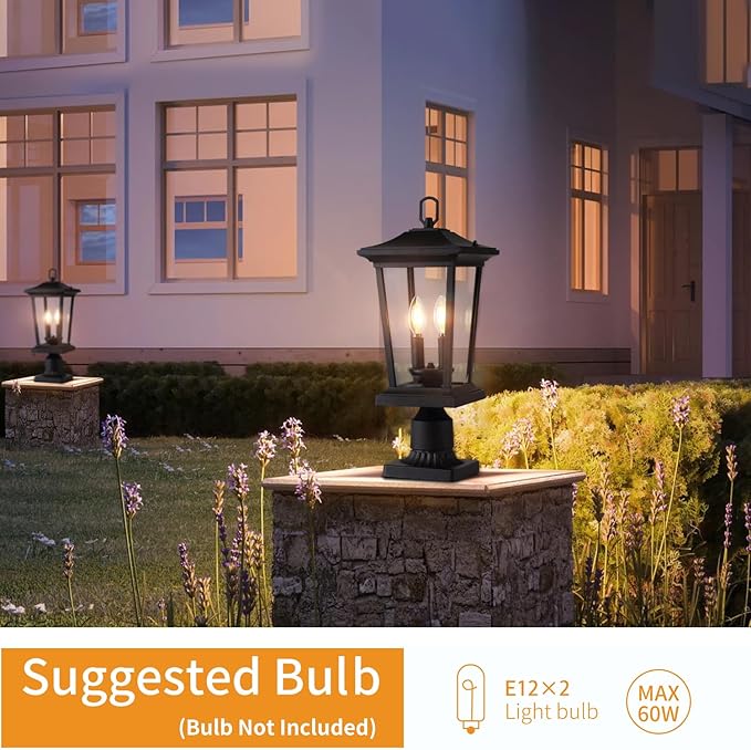 Outdoor Post Lights Cast Aluminum Lamp Post Light Fixture 2-Light Pole Mount Light with Clear Glass Outdoor Pier Mount Light Matte Black Finish