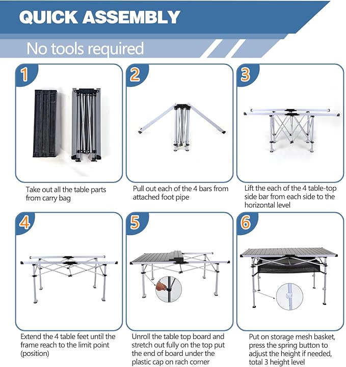 Ablazer Camping Table with Carry Bag Adjustable Height Portable Table for Outdoor Camping Picnic Beach Aluminum Picnic Roll-up Table for 4-6 Person
