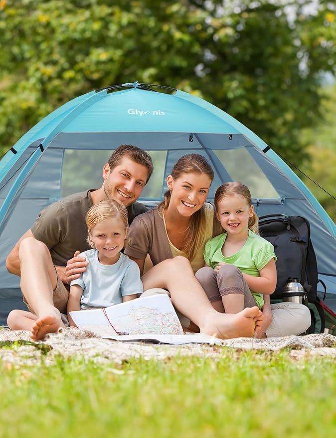 Glymnis Beach Tent Sun Shelter for 3 Person with UPF 50+ UV Protection Lightweight &amp Easy Setup Beach Shade Canopy with Vent Windows &amp Zippered Door - Blue