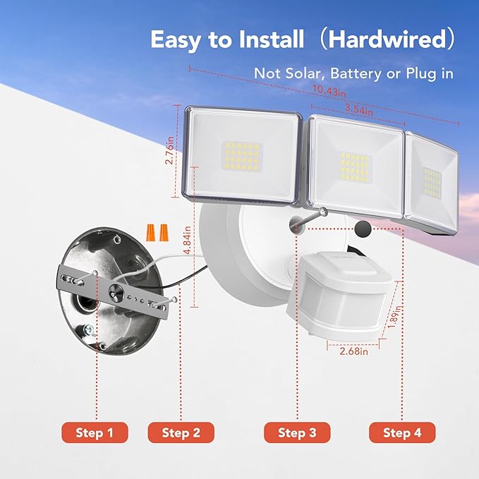 OREiN 4500LM/30W Flood Lights Outdoor 240°/40FT Motion Sensor Outdoor Lights Dusk to Dawn/Auto/Test Mode IP65 Waterproof LED Security Light for Yard Garden White (Hardwired)