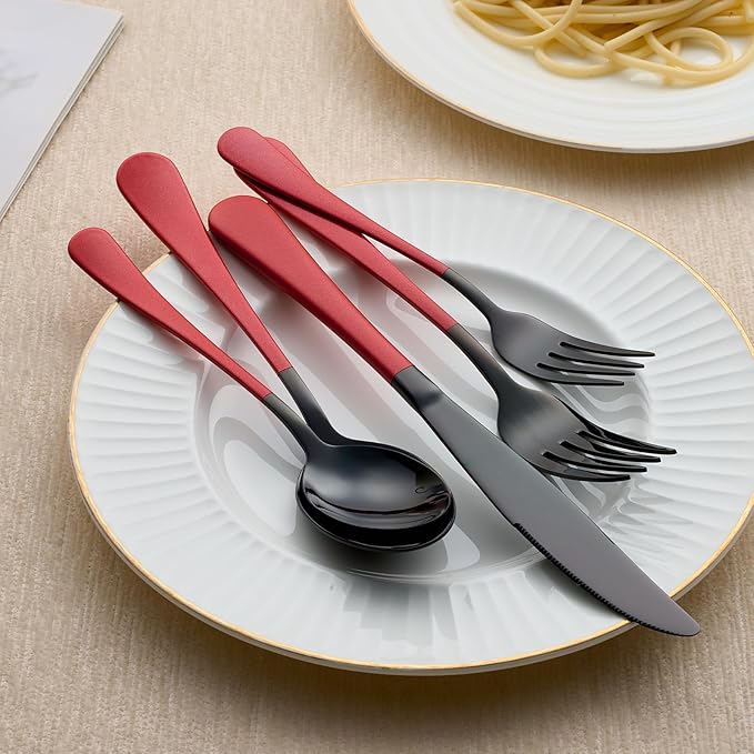 20-Piece Black and Purple Stainless Steel Flatware Set - 4 Dinner Knives Forks Spoons Salad / Dessert Teaspoons - Dishwasher Safe