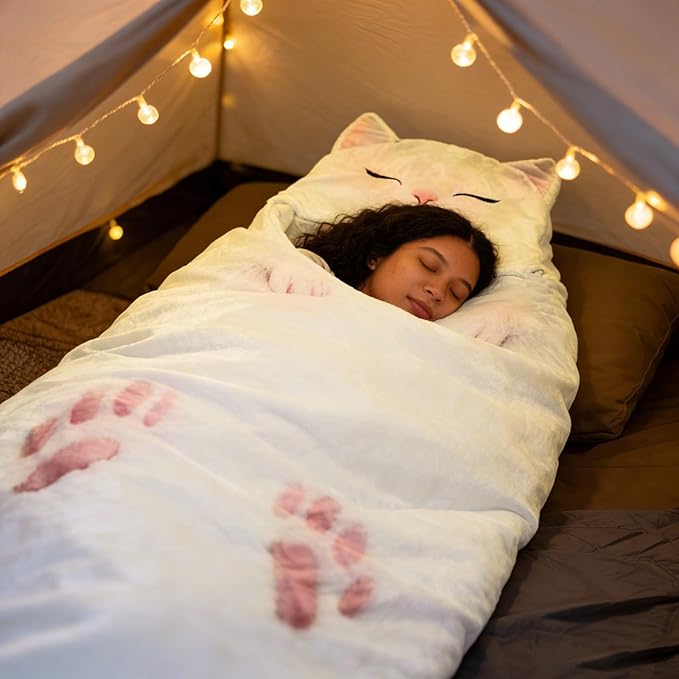 Cat Sleeping Bag for Adult - Soft Plush Cat Envelope Sleeping Bag Fluffy Cat Shaped Bag for Camping Sleepovers Home Lounging Washable Warm Blanket