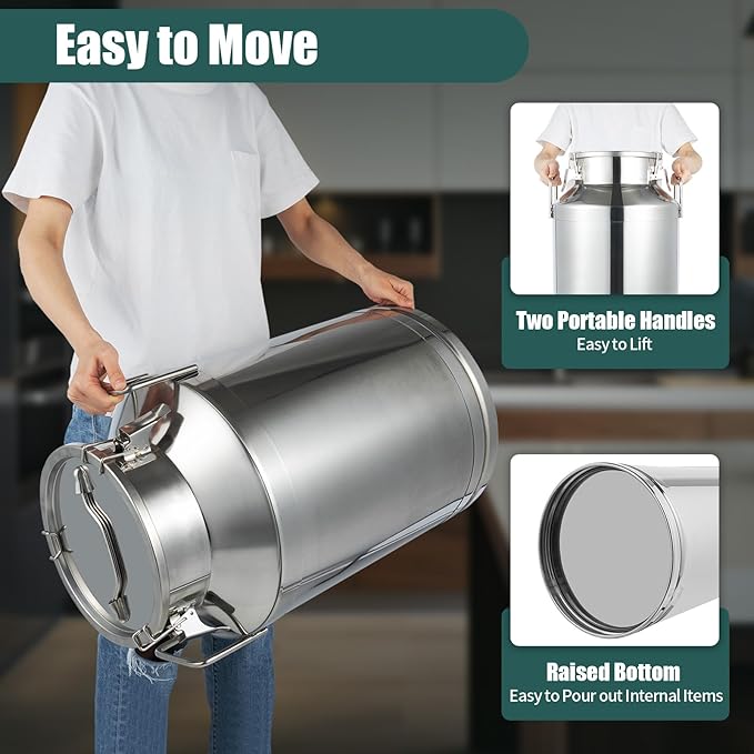 Stainless Steel Milk Can 60L/15.85Gal Metal Airtight Canister Food Storage Container with Lid &amp Clamps Bean Rice Cereal Storage Bucket for Kitchen Restaurant W14.8*H24.6in