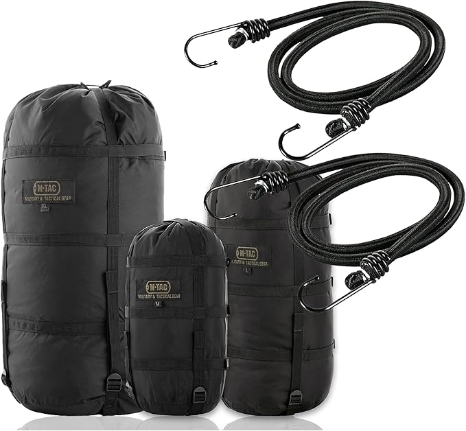 M-Tac Compression Stuff Sack + 40 Inch Bungee Cords (Set of 2) – Military Waterproof Compression Bag with Elastic Ropes and Durable Metal Hooks for Sleeping Bag Travel Camping Hiking Outdoor Gear
