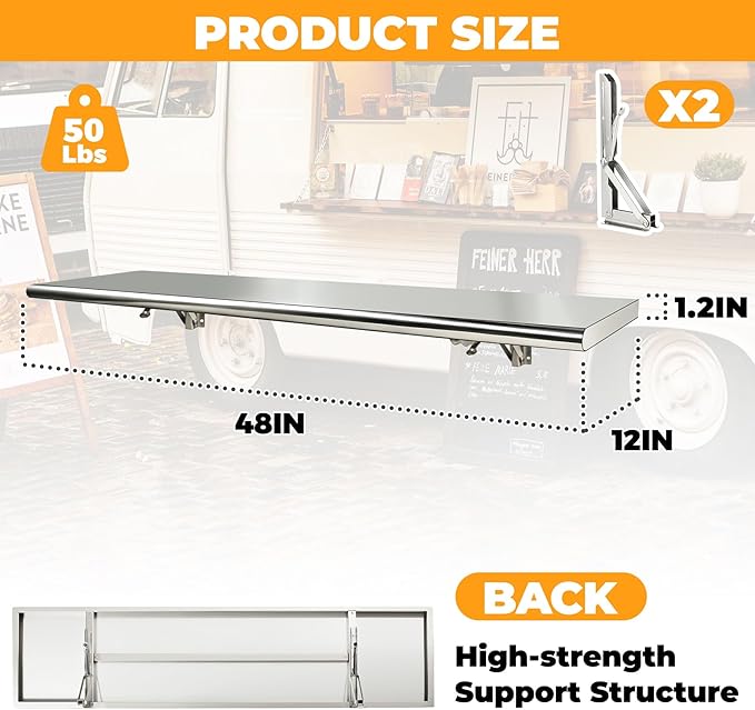 48x12 Inch Folding Concession Shelf Stainless Steel Food Shelf Stand Serving for Concession Serving Window Food Truck Kitchen Counter