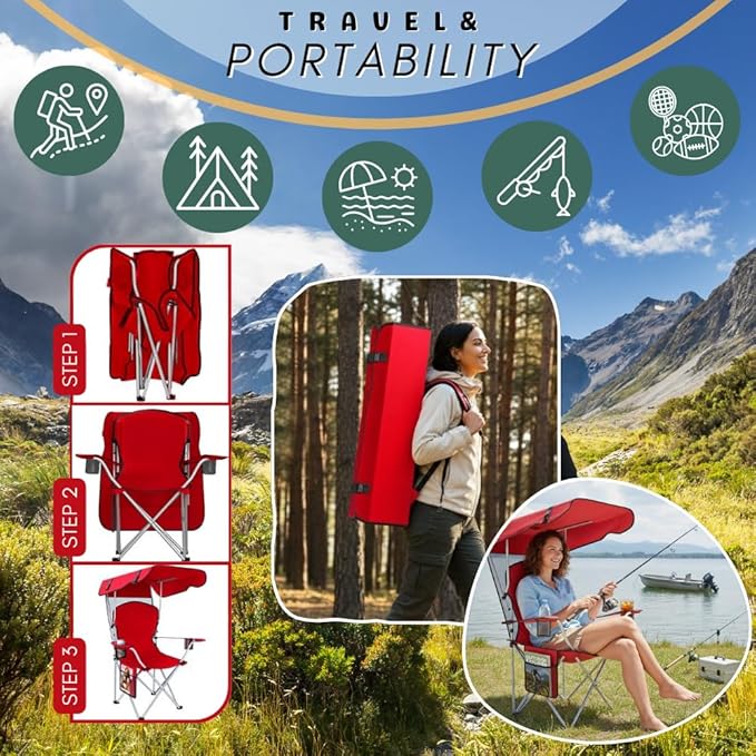 Portable Folding Camping Chairs with Canopy Shade Beach Chair for Adults Durable Weather Resistant 600D Oxford Cloth Camping Chair with Canopy for Outdoors [Red]