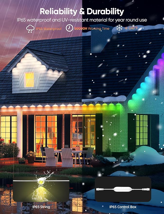 APPECK Permanent Outdoor Lights 50ft with 36 RGBW LEDs 111 Scene Modes Eaves Lights with 40lm Warm White for Daily Holiday House Decor App/Voice/Remote Control White