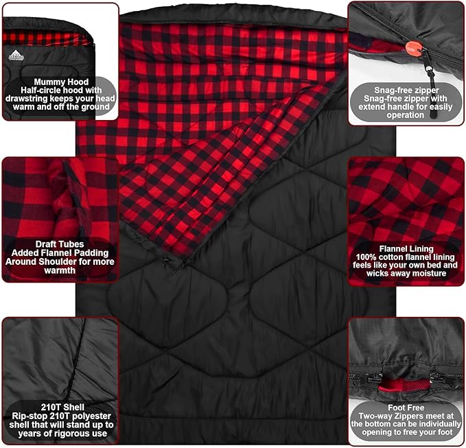 AGEMORE Cotton Flannel Double Sleeping Bags for Adults Cold Weather Waterproof Queen Size Sleeping Bag 2 Person Double Wide Warm Sleeping Bag for Family or Couples Outdoor Camping or RV Traveling