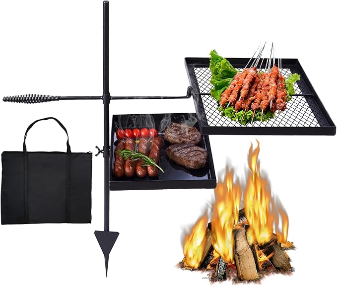 Outvita Swivel Campfire Grill Skillet Combo Portable Heavy Duty Camping Grill Grate with Height Adjustable Grill Grate and Grill Pan and Carry Bag Black