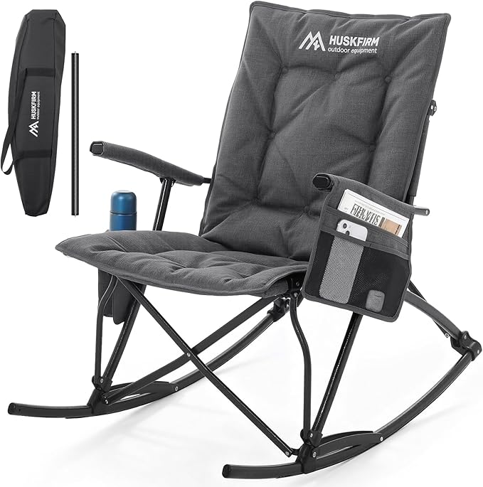 Oversized Rocking Camping Chair Folding Rocking Chair with High Back Padded Outdoor Rocking Chair Heavy Duty Portable Rocker Chair for Camping Lawn and Patio Supports Up to 400 lbs Grey