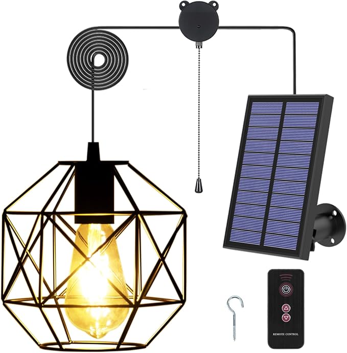 Solar Pendant Lights Outdoor Shed Light Solar Powered Gazebo Lights Outdoor Chandelier Hanging LightsSolar Lights Indoor with Pull Cord for Home Chicken Coop Barn Garage Storage