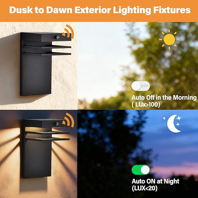 2 Pack Modern Outdoor Wall Light Fixture Dusk to Dawn Sensor - 10W LED 3000K Warm White Black Metal Exterior Sconce - Waterproof Wall Mount Porch/Patio/Garage Light - Hardwired House Light