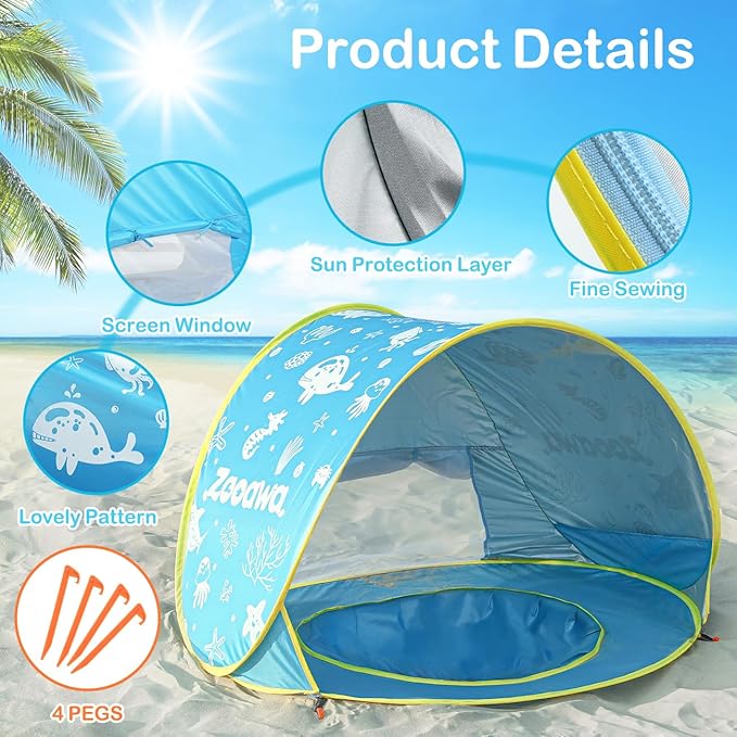 Zooawa Baby Beach Tent Pop Up Beach Tent Sun Shade for Beach Portable Shade Pool UV Protection Sun Shelter for Infant with Beach Sand Toys Set