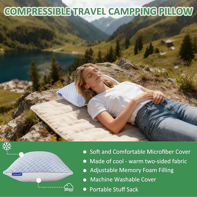 Gehannah Travel Pillow - Large 2 Pack Compressible Camping Pillow for Sleeping - Shredded Memory Foam with 2 Storage Bags - Supportive for Adults Kids Outdoor Backpacking Hiking Gear