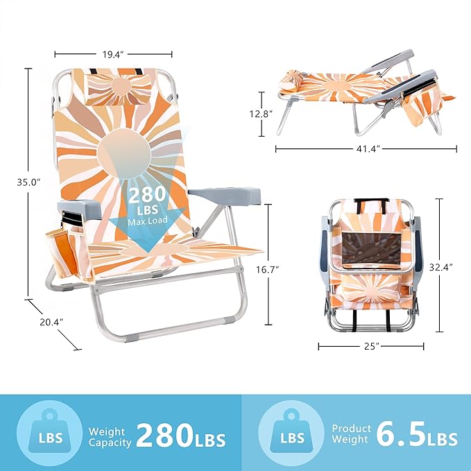 Beach Chair for Adults 5 Position Lay Flat Backpack Beach Chair with Cooler Cup Holder and Storage Bag Portable Folding Heavy Duty Beach Lounger for Outdoor Lawn Camping Festivals-Boho Sun