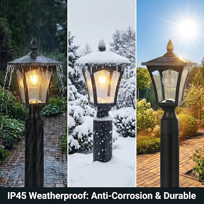 Outdoor Solar Lamp Post Light with Glass Shade &amp Pier Mount Base IP45 Waterproof Dusk to Dawn Solar Post Lantern Warm White for Garden Yard Fence Deck &amp Holiday Décor