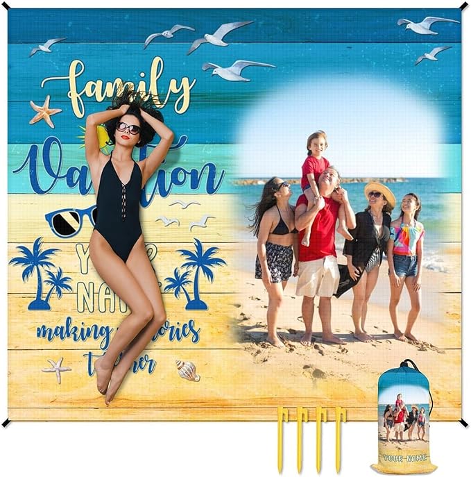 Personalized Beach Blanket Sandproof Waterproof - Outdoor Picnic Mat 78'' x 86'' for 4-6 Adults - Custom Beach Essentials with Photo for Travel Camping Hiking