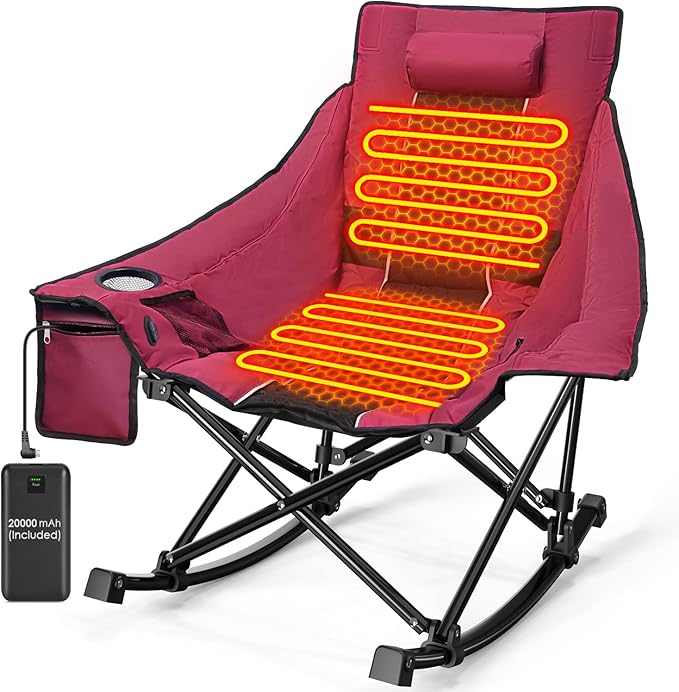 Slendor Oversized Heated Camping Chair with 2000mAh Battery Padded &amp Pillow Heated Rocking Chair 3 Adjustable Heat Settings Camping Rocker Chair for Easy Setup and Foldable Storage