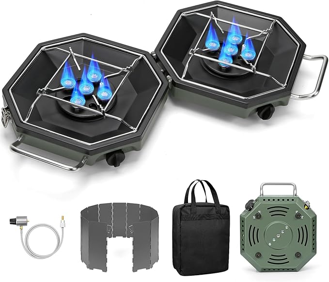 Camping Stove Propane Two Burner 34000BTU Foldable Camp Stove Gas Propane Burners for Outdoor Cooking Portable Stoves Gas Burners with Windsheild Carrying Bag Grates Regulator