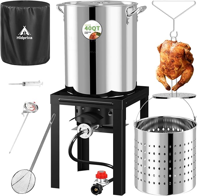 Stainless Steel 40QT Turkey Fryer Kit Waterproof Cover &amp 12-inch Skimmer 55000BTU Propane Burner Stove Turkey Fryer Pot Outdoor Deep Fryer Crawfish Boiler with 25QT Basket