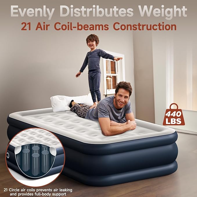 Twin Air Mattress with Built in Pump 18 Raised Thick Inflatable Bed 440lb Comfort Support Inflatable Blow Up Mattress with Carry Bag for Camping Fast Self-Inflating Air Bed for Guest&ampHome