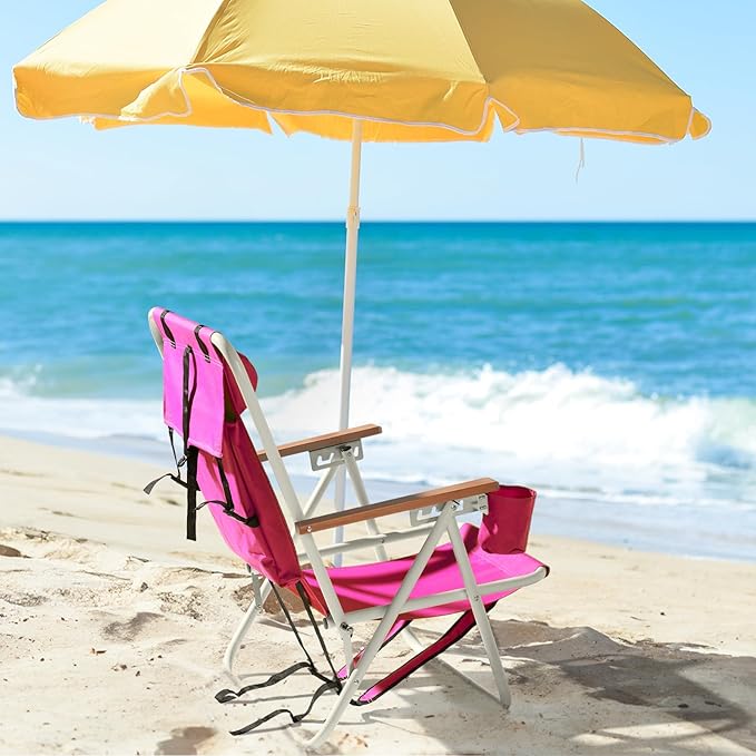 Folding Backpack Beach Chair 4 Position Portable Camping Chair with Headrest Cup Holder and Wooden Armrests (Rose 2 Packs)