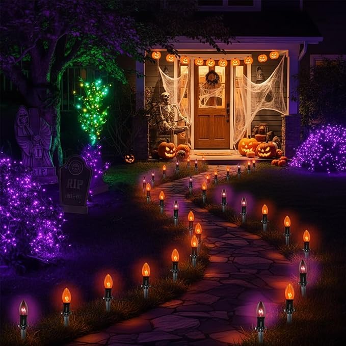 Halloween Pathway Lights Outdoor10 Pack Halloween Party Decor Stake Lights with C9 Clear Black&ampOrange Bulbs19.5Ft Extendable Waterproof Walkway Lights for Yard Porch Lawn Garden
