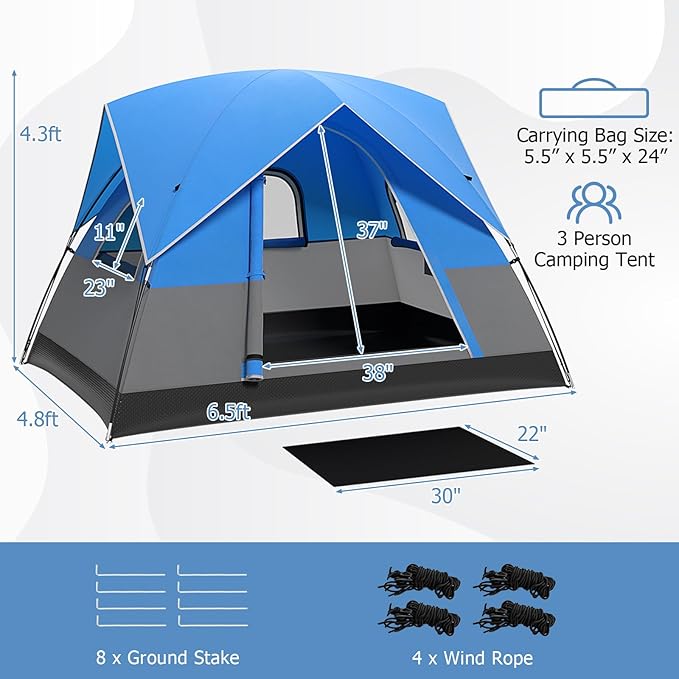 Tangkula 3 Person Camping Tent Portable Backpacking Tent with Removable Rainfly Floor Mat 3 Mesh Walls &amp Zippered Doors Carrying Bag Family Dome Tent for Camping Hiking Traveling