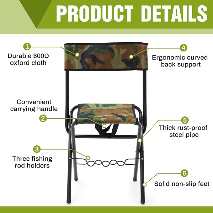 Wenqik 2 Pcs Summer Folding Fishing Chair with Rod Holder Hunting Camping Chairs for Adults Outdoor Portable Folding Chair for Men Women Ice Fishing Lawn Patio Garden Beach Gifts (Camouflage)