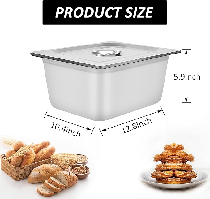 4 Packs Stainless Steel Hotel Pan 1/2 Size x 6 Deep 22 Gauge/0.7mm Thick Steam Table Pan with Lid