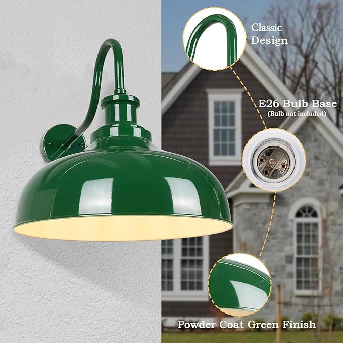 Outdoor Barn Light 14 Inch Dome Rustic Outdoor Wall Sconce Farmhouse Exterior Wall Mount Lighting Fixture Industrial Green Wall Lantern for Porch Entryway Garage RZ007M GR+WH