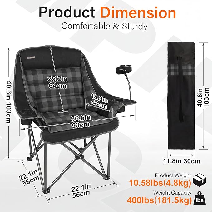 Oversized Camping Chairs for Adults- Heavy Duty Extra Large Lawn ChairFolding Comfy Padded Camp Chair for Outdoor Sports Garden Beach FishingWide&ampThickBlack Plaid