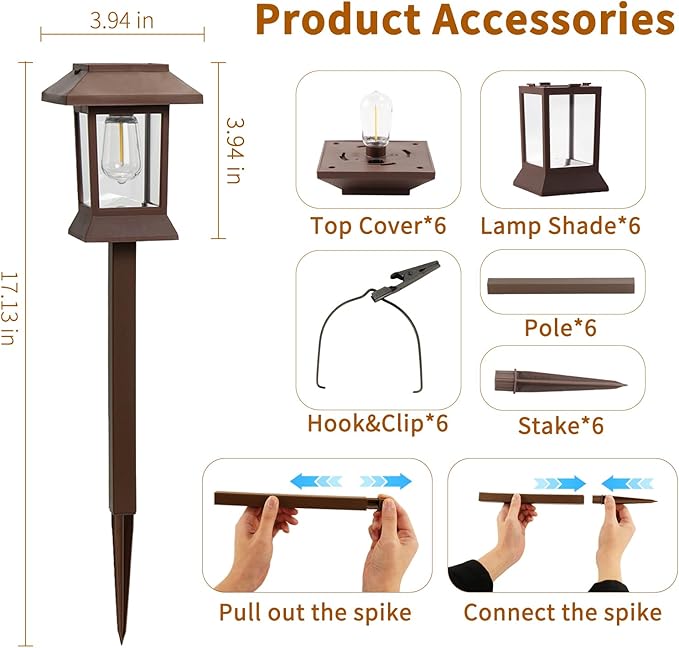 6Pack Solar Pathway Lights Outdoor Waterproof IP65 Brown Solar Lights Outdoor with Hook Upgraded 1000mAH Battery Up to 12Hrs Auto On/Off Garden Decor for Yard Driveway Walkway (Bulb)