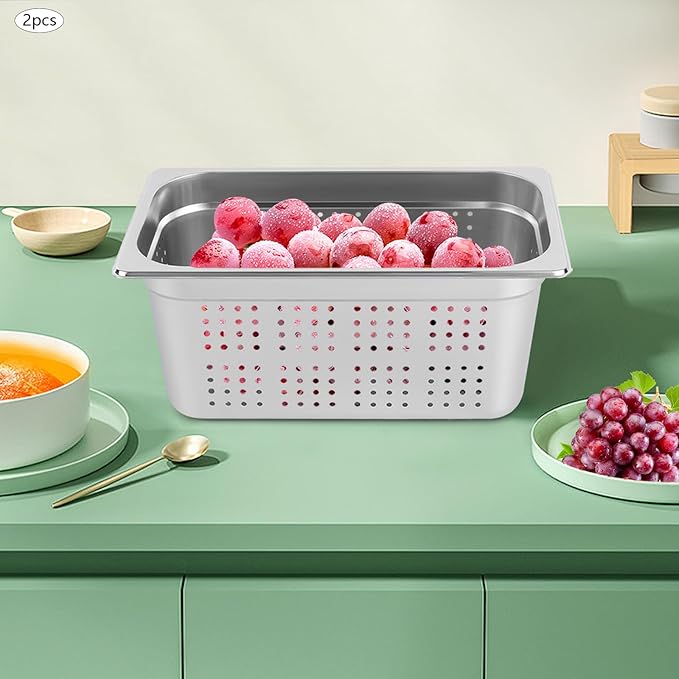 2 Pcs Filtering Pans 6.34Qt Anti-Jam Perforated Pan Stainless Steel Steam Pan Filter BasketCommercial Hotel Pan Catering Food PansDishwasher/Oven/Freezer Safe