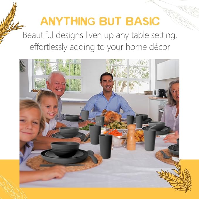 Teivio 32-Piece With Flatware Kitchen Plastic Wheat Straw Dinnerware Set Service for 8 Dinner Plates Dessert Plate Cereal Bowls Cups Unbreakable Plastic Outdoor Camping Dishes Gray Ombre