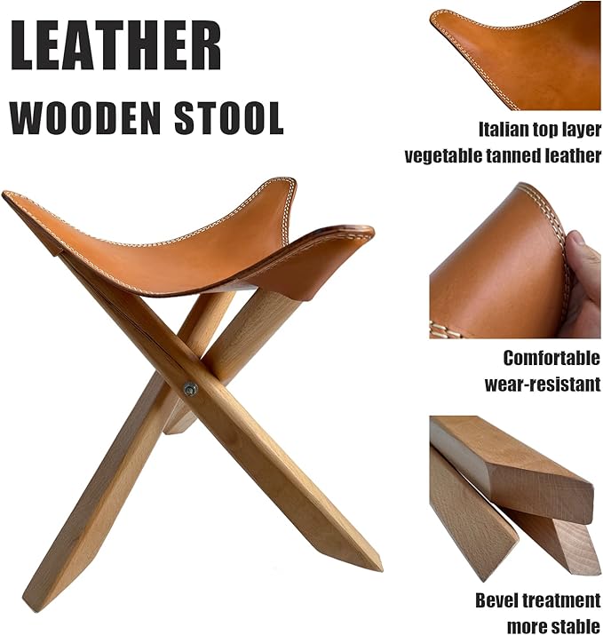 Leather Stool Portable Beech Wood Artist Folding Stool Italian Top Vegetable Tanned Leather Seat Home Fashion Genuine Leather Director’s Stool for Home Outdoor Camping Fishing (Three Leg)