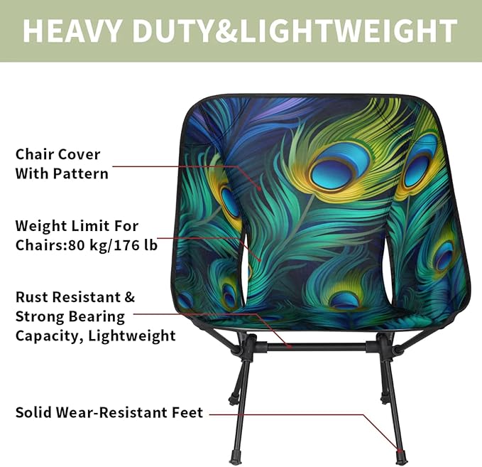 Honeybaby Folding Camping Chair Fairy Peacock Feathers Camping Chairs Lightweight Portable Chair Outdoor Foldable Chairs for Camping Travel Picnic Beach Hiking