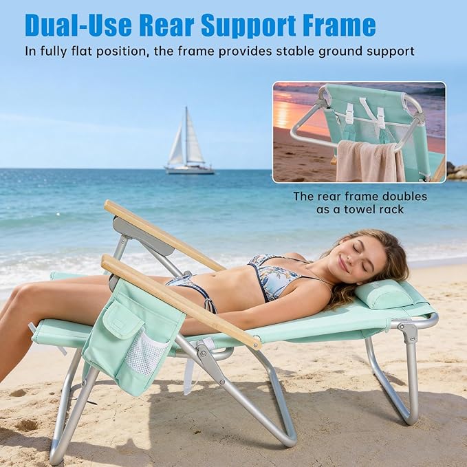SUNNYFEEL Tall Beach Chair Reclining Beach Chair with 5-Position Portable Camping Chair for Adults with Wood Armrest Lightweight Camping Chair 300 lbs Heavy Duty Green 2 Pack