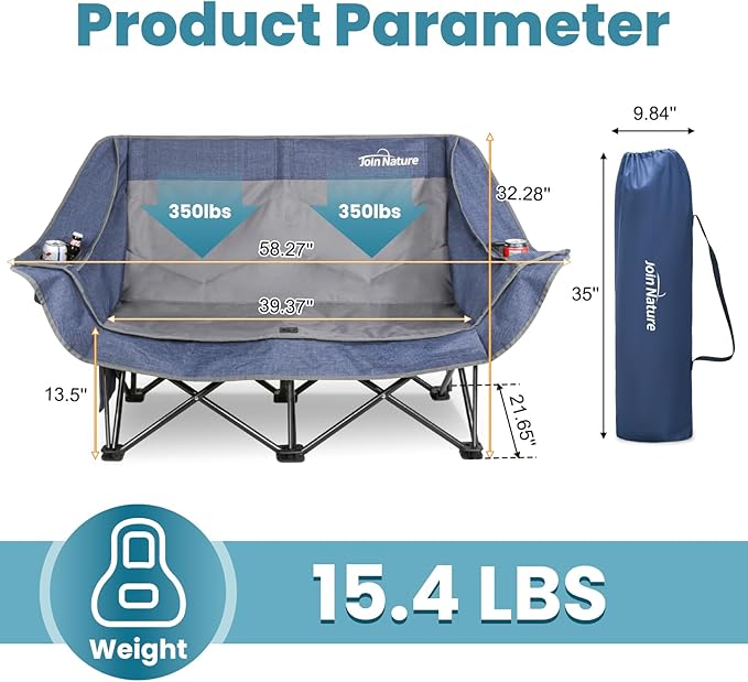 700lbs Capacity Double Camping Chair for 2 Adults - Low-Profile Outdoor Loveseat with XL Cup Holders &amp Storage Pockets Heavy Duty Folding Couch for Camping Lawn Backyard (Navy Blue)