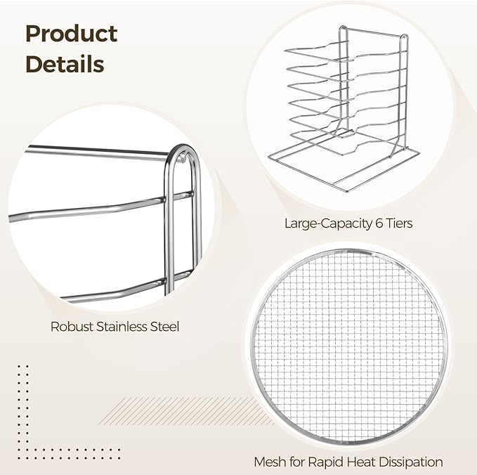 OMISTAR 6 Tier Pizza Rack With 6 Perforated 12 Inch Perforated Pizza Pans with Holes 13.3' H x 12'' L x 12'' W Pizza Pan Rack Holder for Buffet Table Easy Storage Multiple Pizzas (6 Tier)