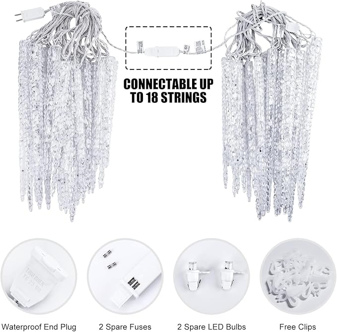 Minetom Icicle Lights Outdoor With Clips 20ft 100 LED 20 Tubes Twinkling Crystal String Lights Connectable Waterproof Hanging Christmas Lights Plug in for Eave Outdoor Blue