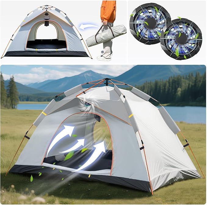 Instant Pop Up Tent for Camping - 2-3 Person Waterproof Tent with Air Circulation Fan UPF 50+ Sun Protection 60-Second Setup for Family and Backpacking